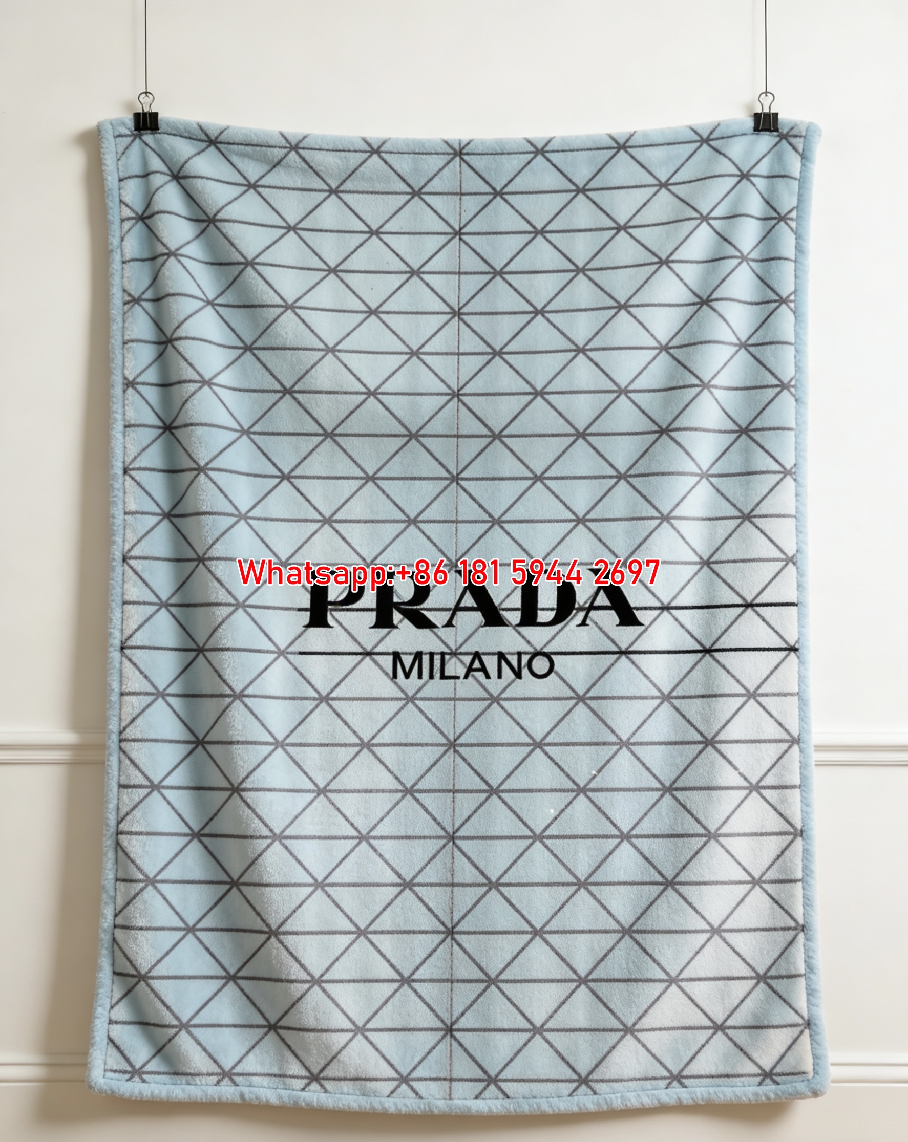 Prada Light Blue Geometric Triangle Logo Print Flannel Throw Blanket IMG_2721